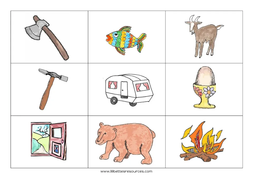 Color matching board: ax, fish, goat, hammer, caravan, egg, door, bear and fire for beginning-sound practice