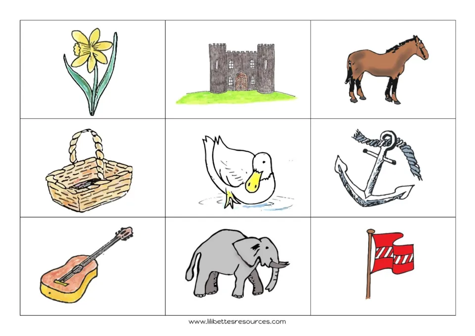 Color beginning-sound matching board: daffodil, castle, horse, basket, duck, anchor, guitar, elephant and flag