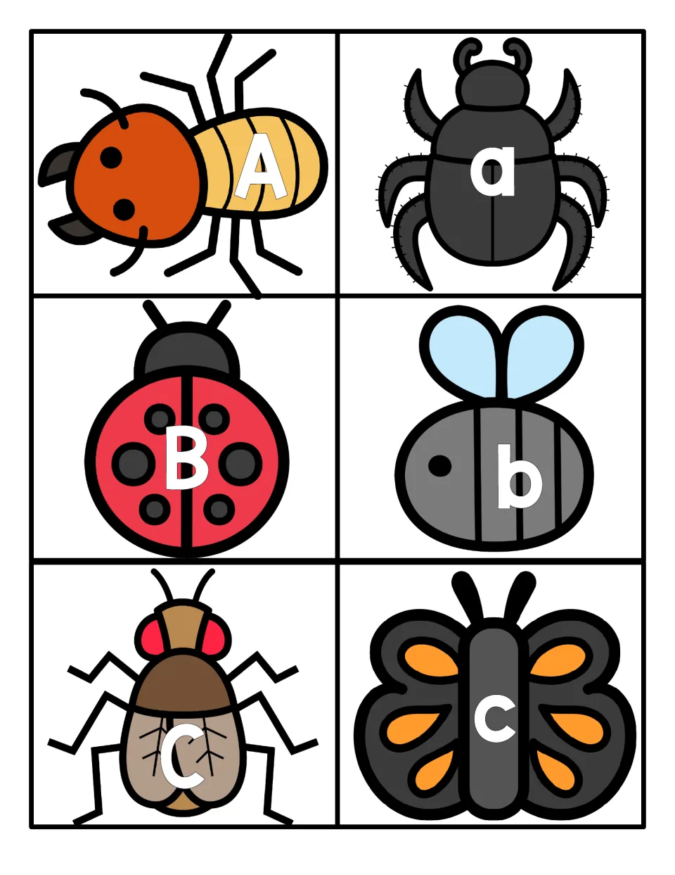 Letters A, B and C: students match capitals on an ant, ladybug and fly to a, b and c on a beetle, bee and butterfly