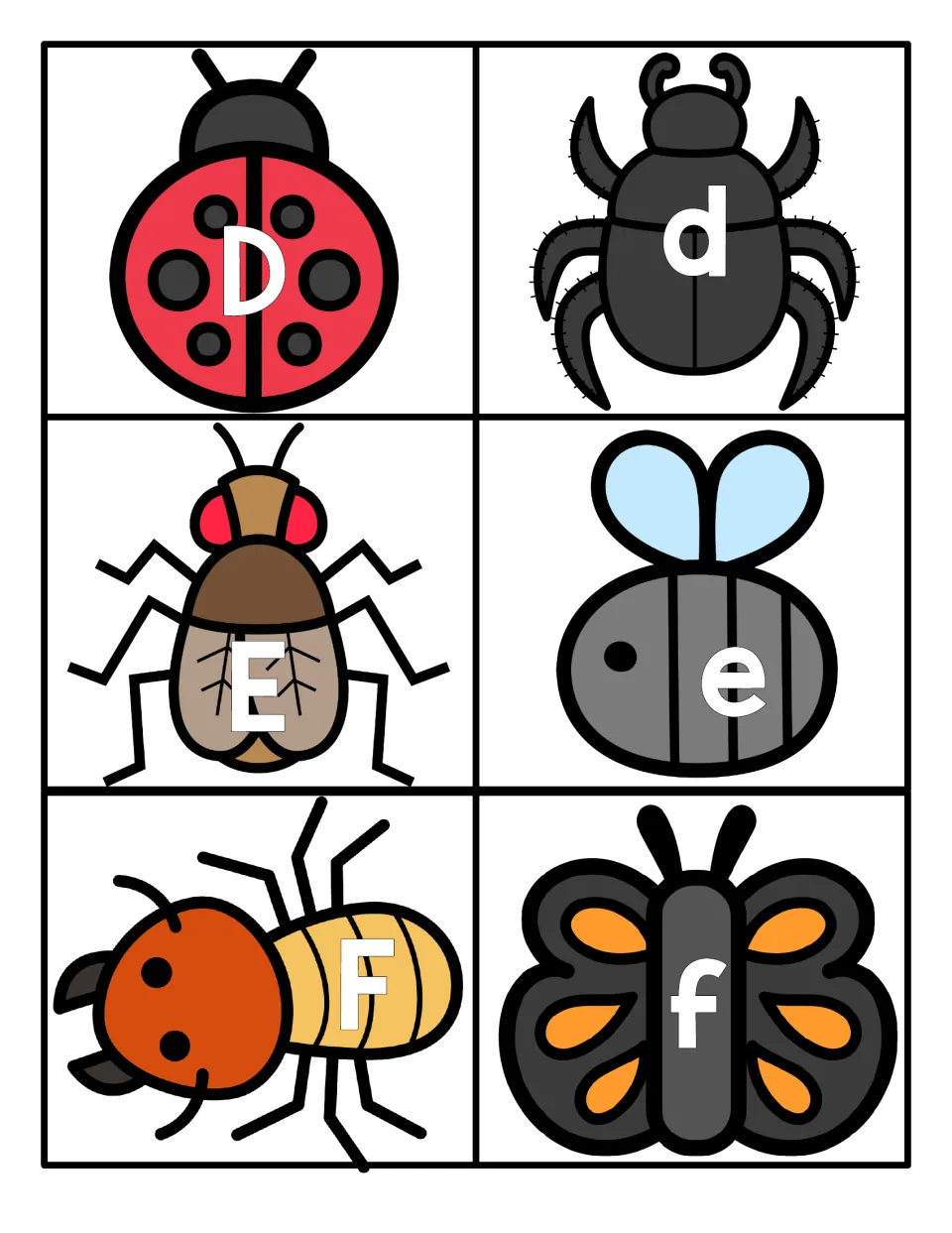 Letters D, E and F: capitals on a ladybug, fly and ant to pair with lowercase d, e, f on a beetle, bee and butterfly