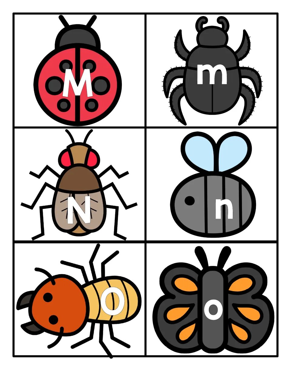 Letters M, N and O: students match M ladybug to m beetle, N fly to n bee and O ant to o butterfly