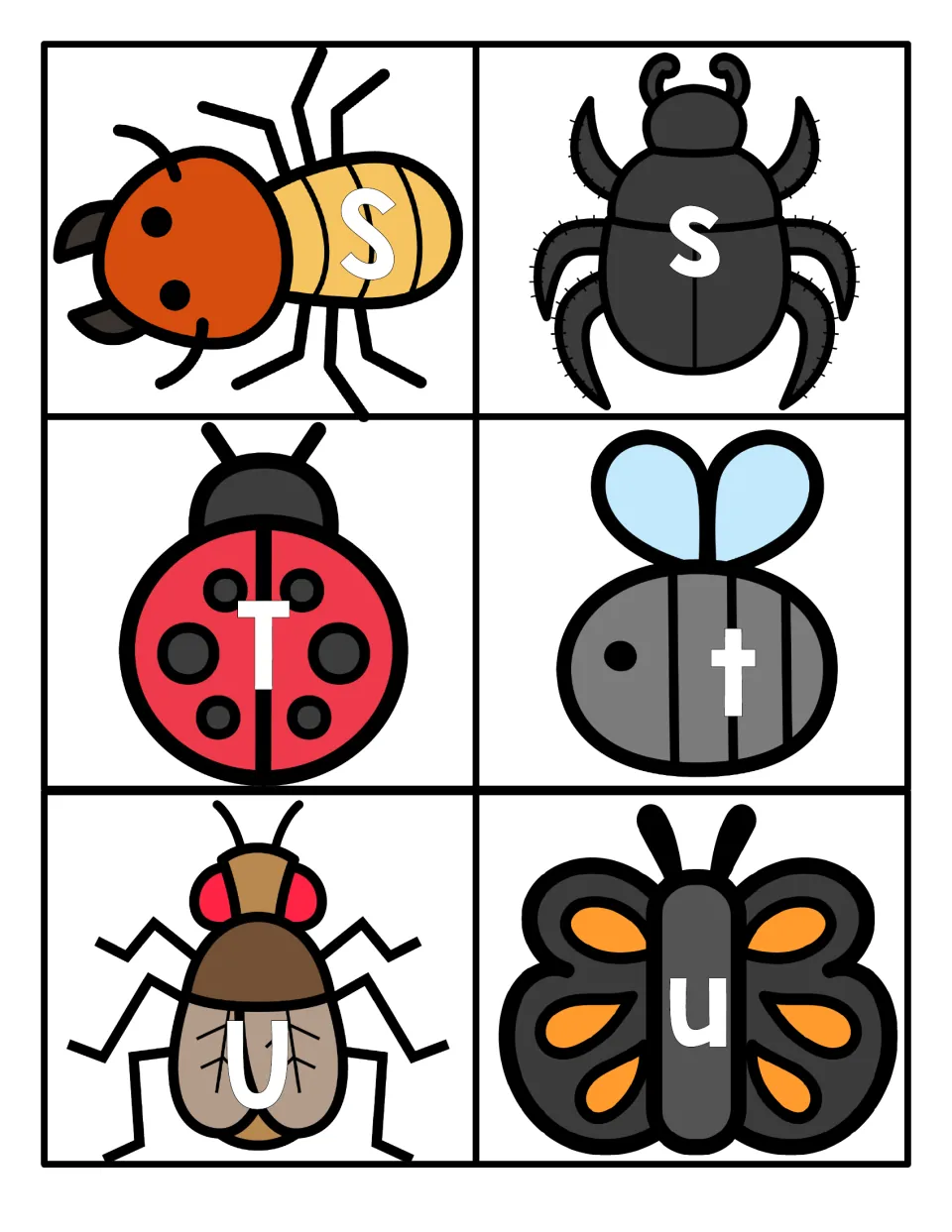 Letters S, T and U: uppercase-lowercase match cards showing S ant and s beetle, T ladybug and t bee, U fly and u butterfly