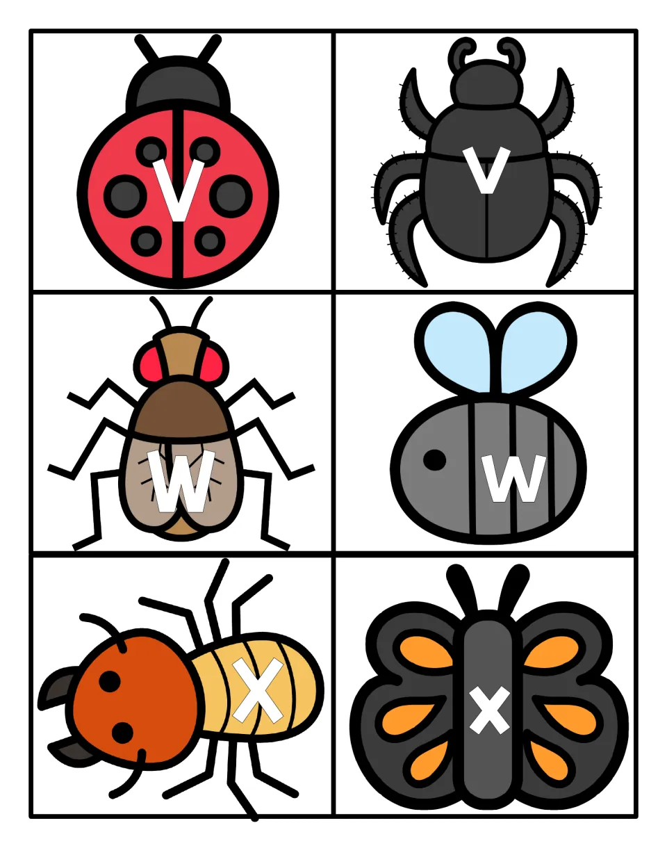 Letters V, W and X: insect letter cards for matching, V ladybug and v beetle, W fly and w bee, X ant and x butterfly