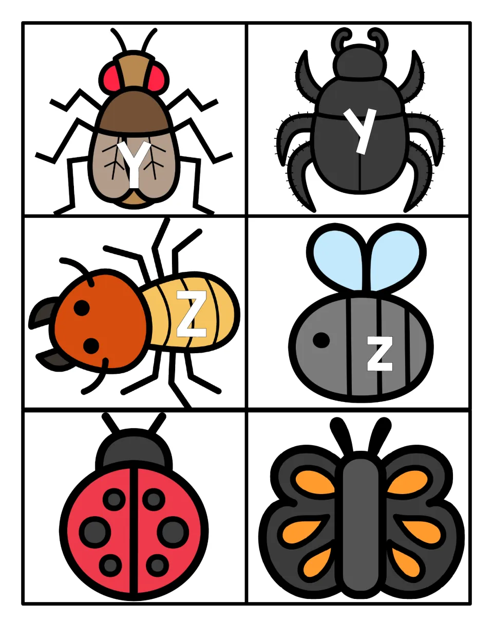 Letters Y and Z: Y on a fly with y on a beetle, Z on an ant with z on a bee, plus blank ladybug and butterfly cards