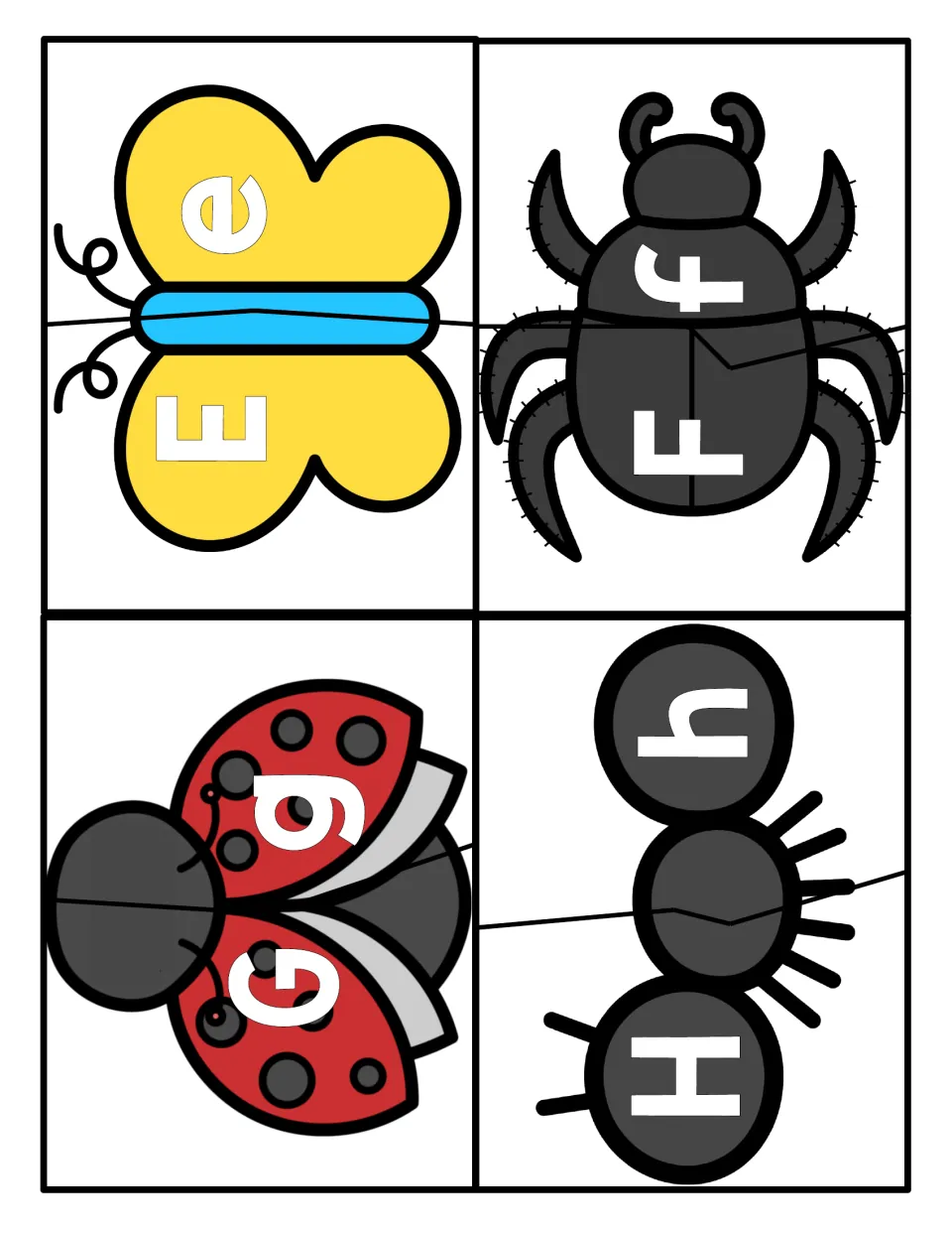 Letters E to H: insect puzzles split in two so students join each capital letter half to its lowercase partner