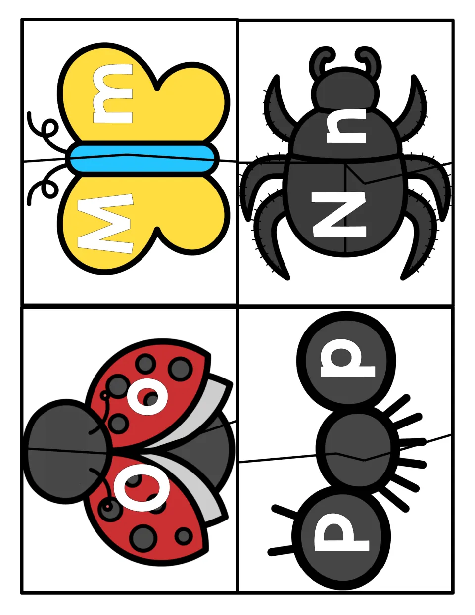 Letters M to P: two-part insect puzzles where students pair each capital letter with its lowercase form to rebuild the bug
