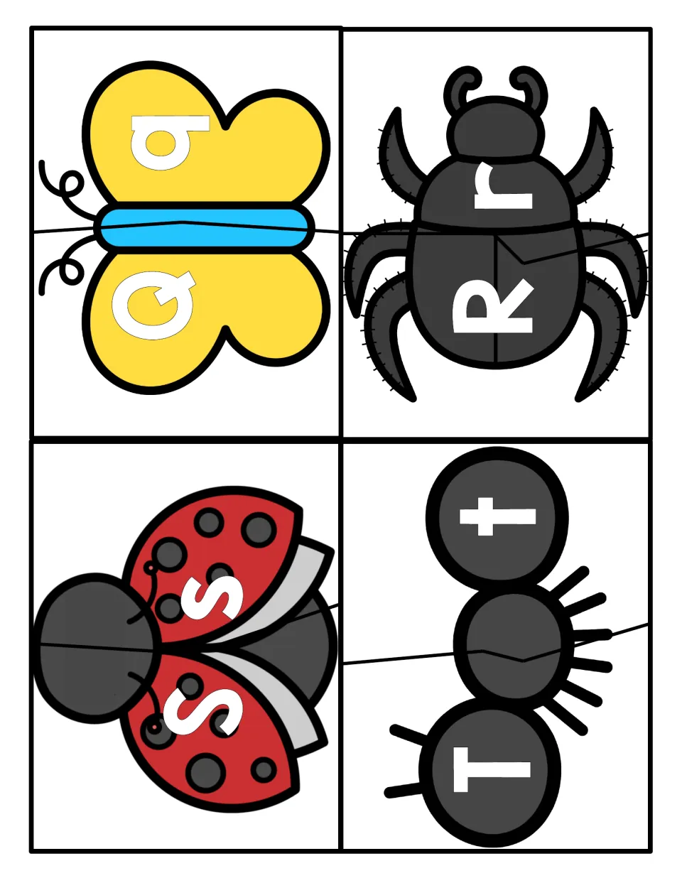 Letters Q to T: students rebuild a butterfly, beetle, ladybug and ant by matching each uppercase letter to its lowercase