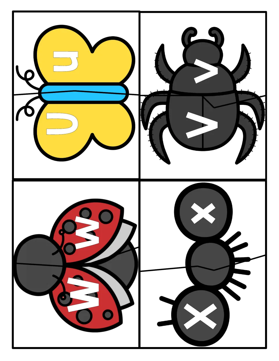 Letters U to X: students join insect puzzle halves, matching each uppercase letter on a bug to its lowercase partner