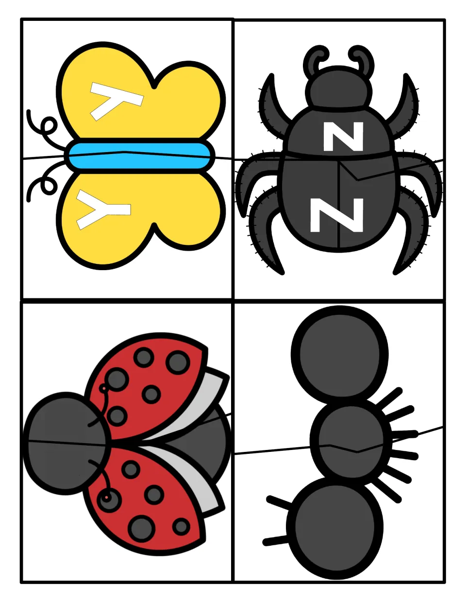 Letters Y and Z: butterfly and beetle puzzles to match uppercase with lowercase, plus a blank ladybug and ant