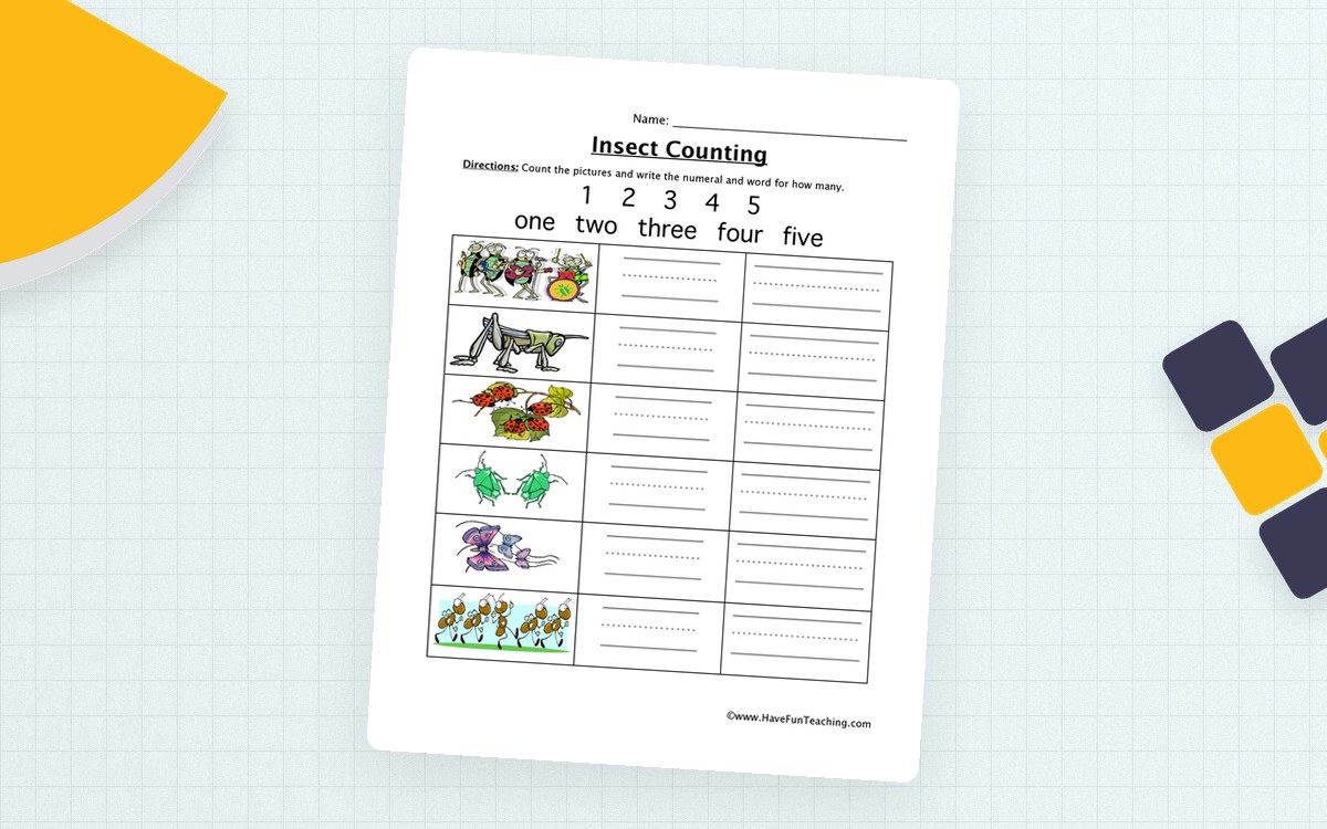 Insect Counting Numbers 1-5 Worksheet teaching resource preview