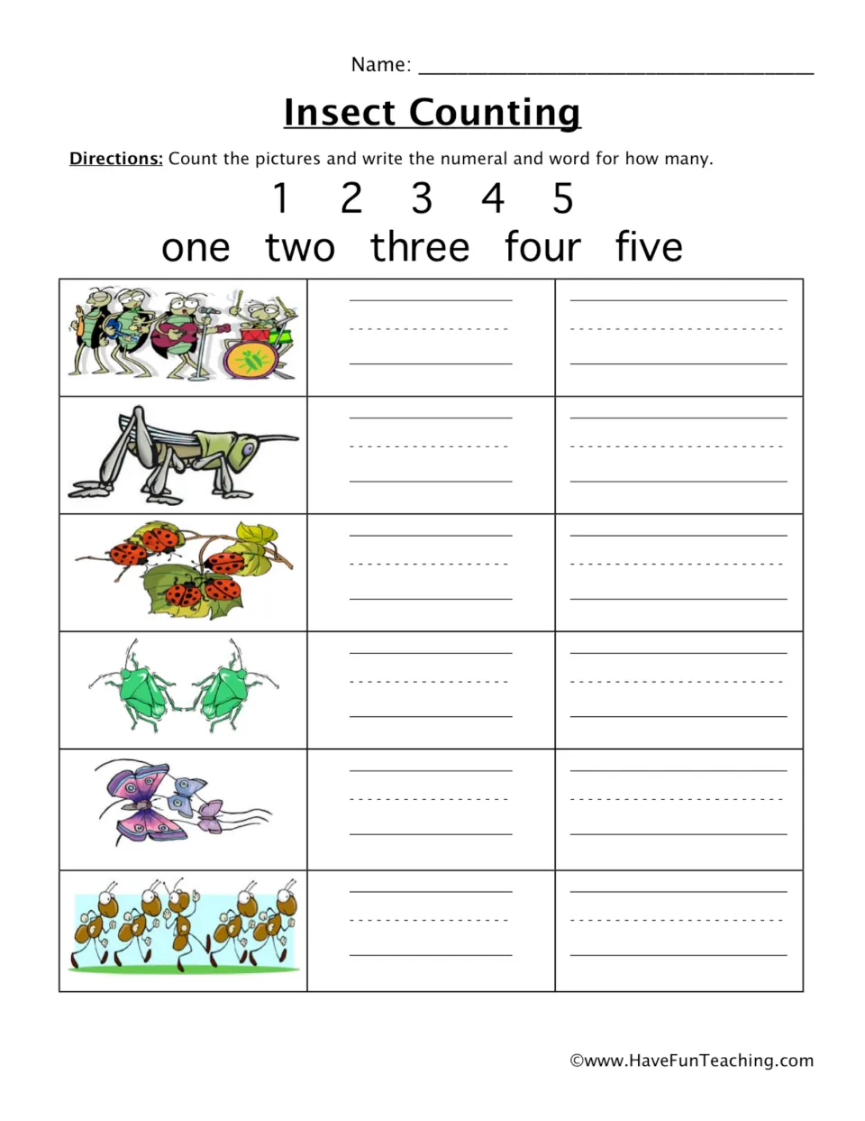 Insect Counting: students count grasshoppers, ladybugs, beetles, butterflies and ants, then write the numeral and word