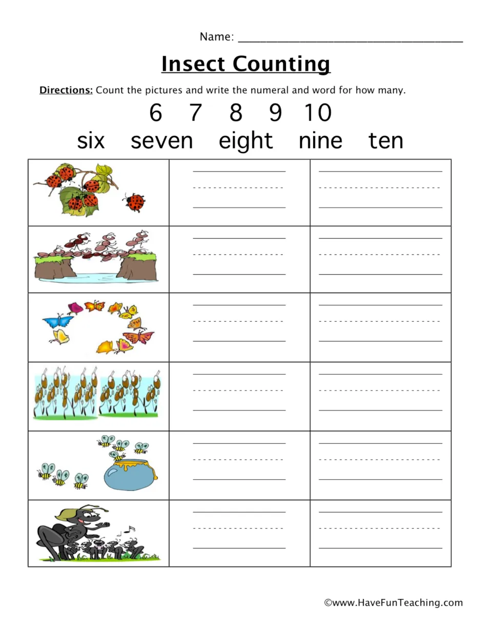 Counting practice: count six groups of insects and write numerals and number words from six through ten.