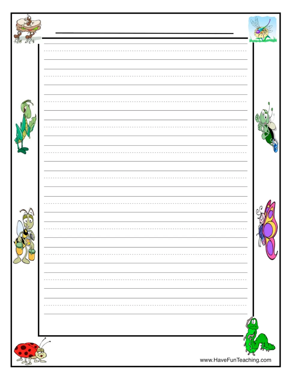 Insect-themed writing paper for students' final drafts about insects and bugs, with no printed prompt.