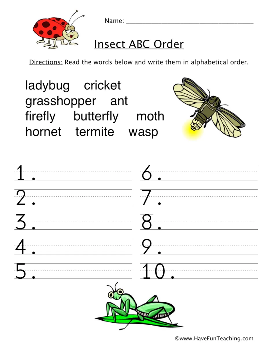Insect ABC order practice: alphabetize ladybug, cricket, grasshopper, ant, firefly and five more insect words