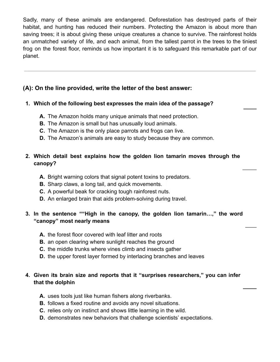 Amazon passage ending and multiple choice questions 1-4: main idea, details, word meaning and inference practice