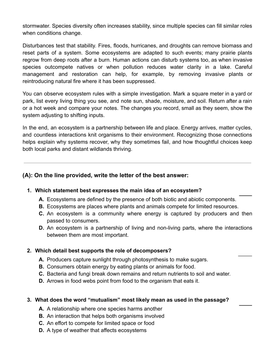 Ecosystems passage conclusion and questions 1–3 on the main idea, decomposers, and the meaning of mutualism