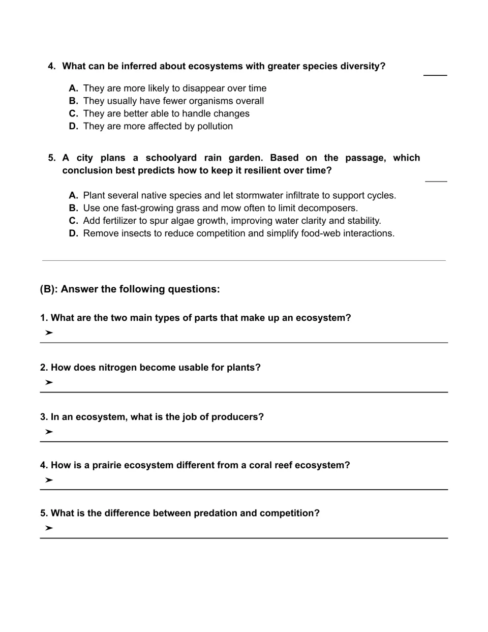 Ecosystems questions 4–5 on diversity and rain gardens, followed by five short-answer comprehension questions