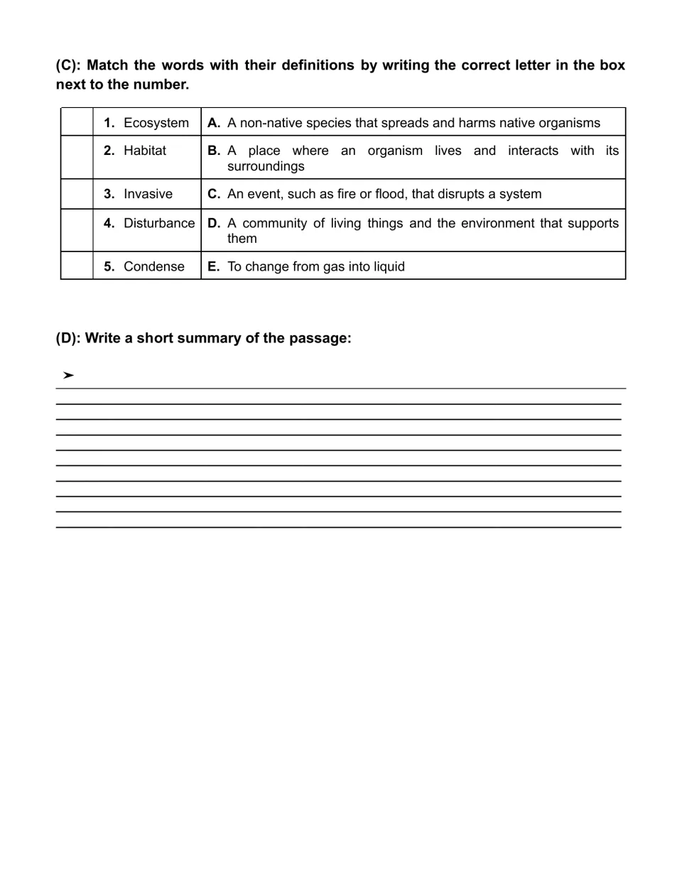 Ecosystems vocabulary matching: ecosystem, habitat, invasive, disturbance, and condense; passage summary prompt