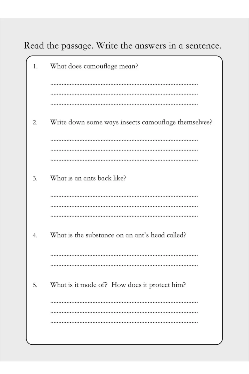 Retrieval questions 1-5: students write sentence answers on what camouflage means, an ant's back and chitia