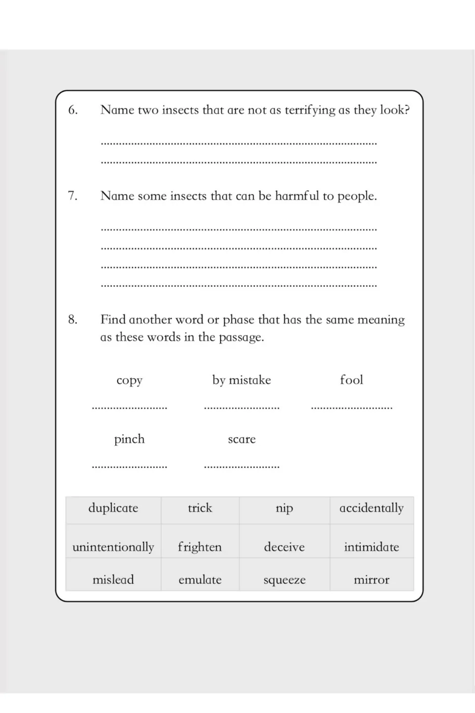 Questions 6-8: insects that look scary, insects that harm people, and vocabulary synonyms for copy, fool, pinch and scare
