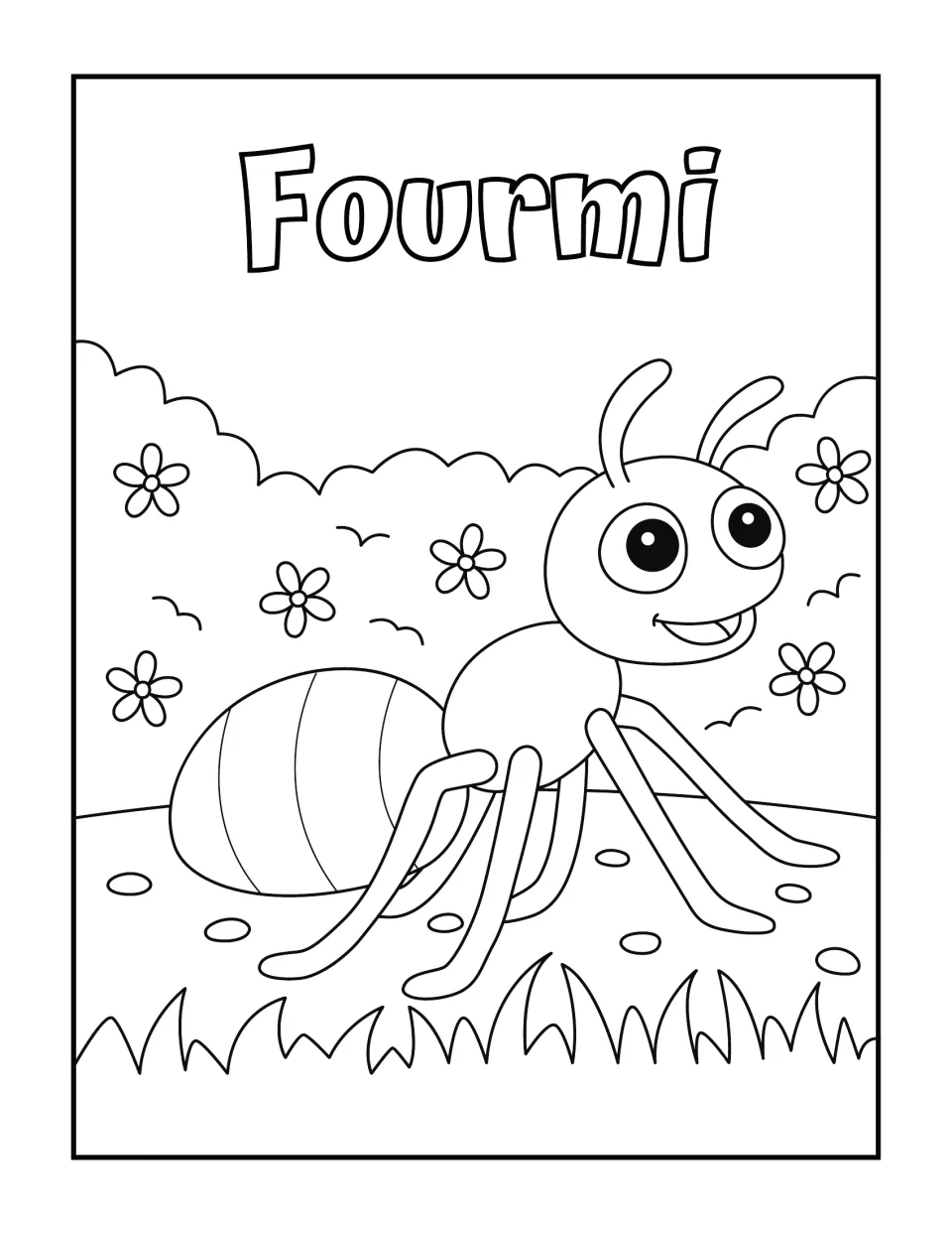 French word Fourmi (ant): students color a smiling cartoon ant standing on grass among flowers and bushes