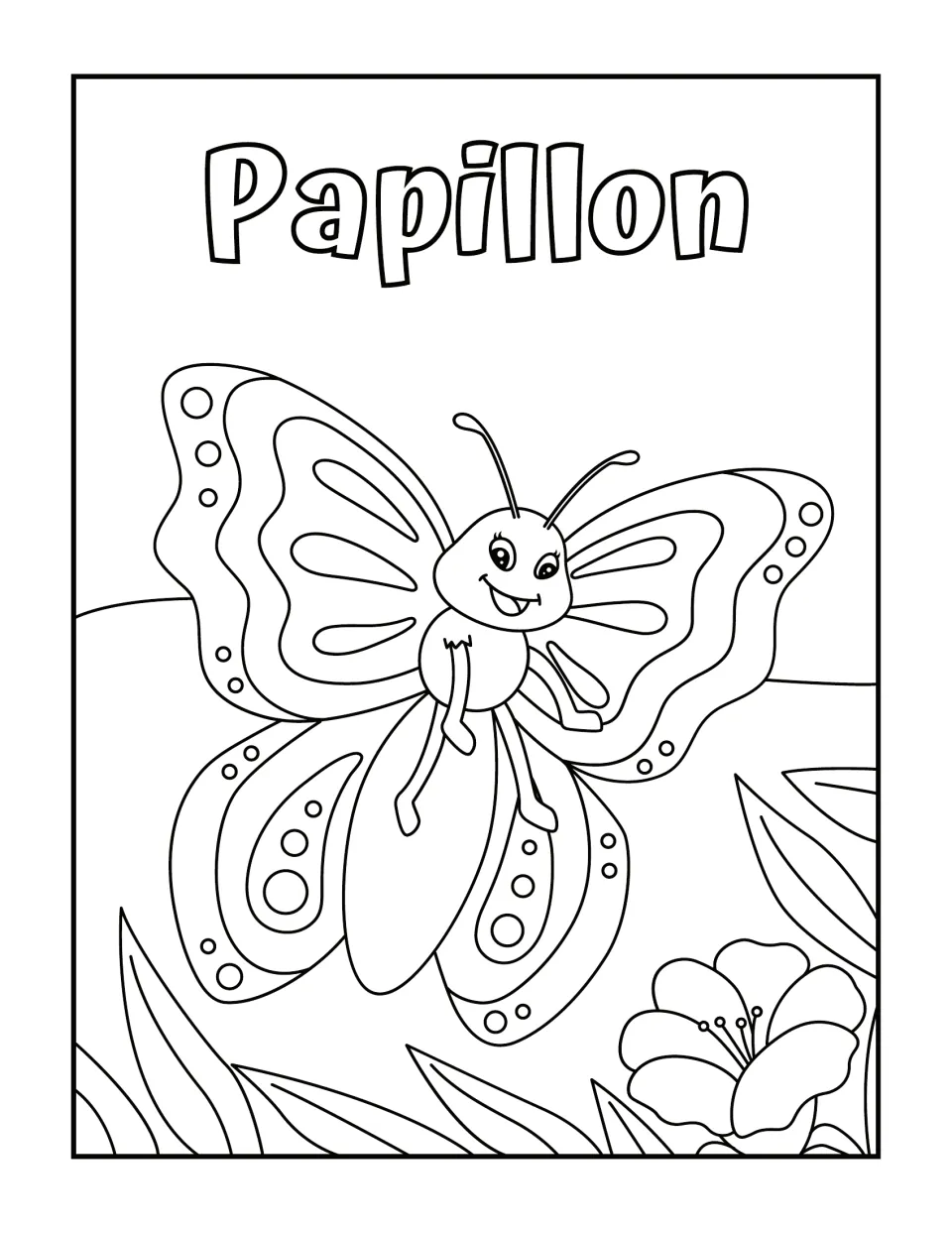 French word Papillon (butterfly): students color a smiling butterfly with spotted wings flying over leaves and a flower