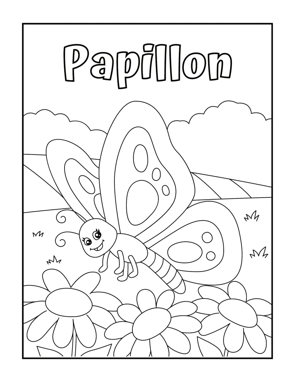Papillon (butterfly) in French: students color a cartoon butterfly landing on a patch of daisies below hills and clouds