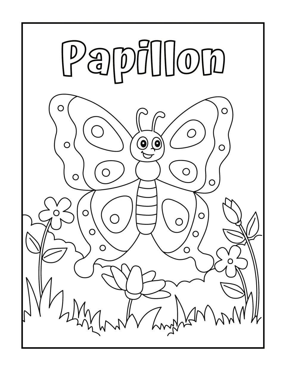 Papillon vocabulary page: students color a front-facing butterfly with patterned wings above flowers, tulips and grass