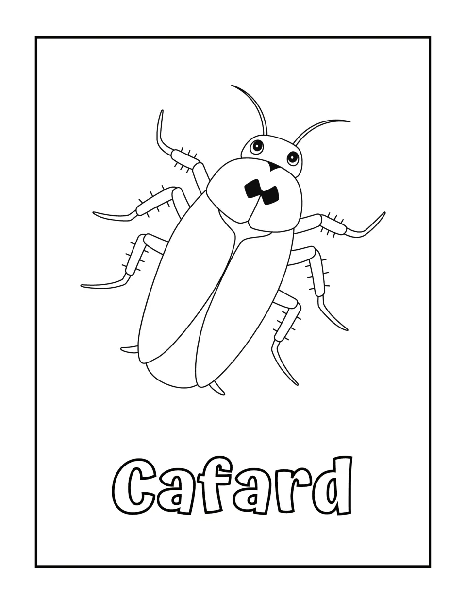 French word Cafard (cockroach): students color a cartoon cockroach with long antennae and spiky legs, labeled below