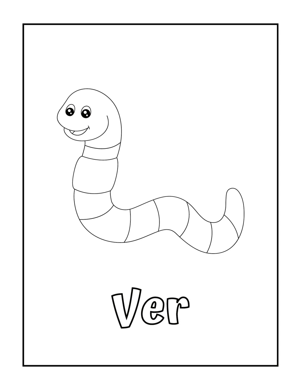 French word Ver (worm): students color a smiling segmented worm, with the word printed in large outline letters below