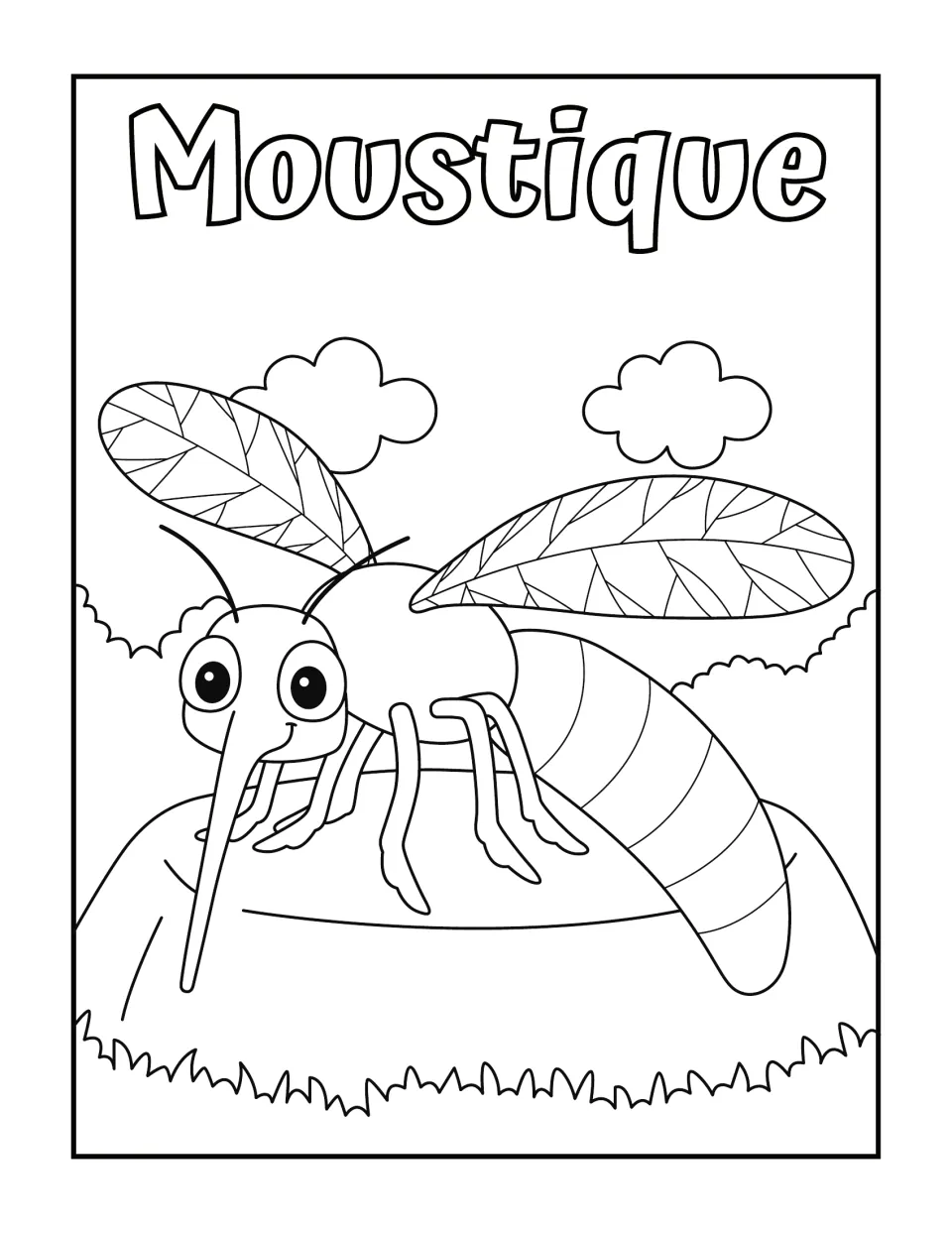 French word Moustique (mosquito): students color a big-eyed mosquito with veined wings resting on a hill under clouds