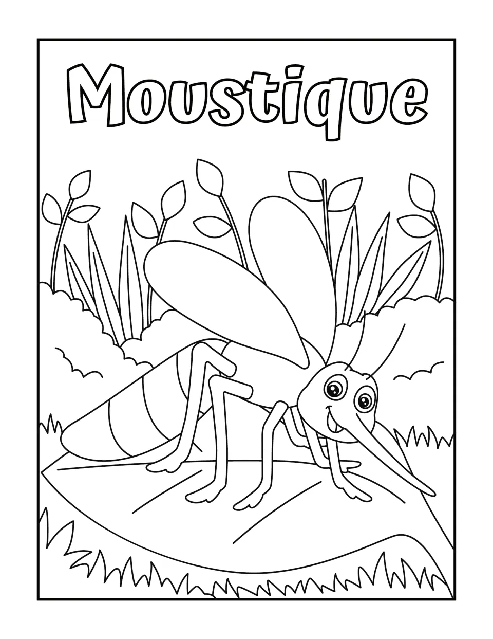 Moustique (mosquito) in French: students color a smiling mosquito standing on a large leaf in front of leafy plants