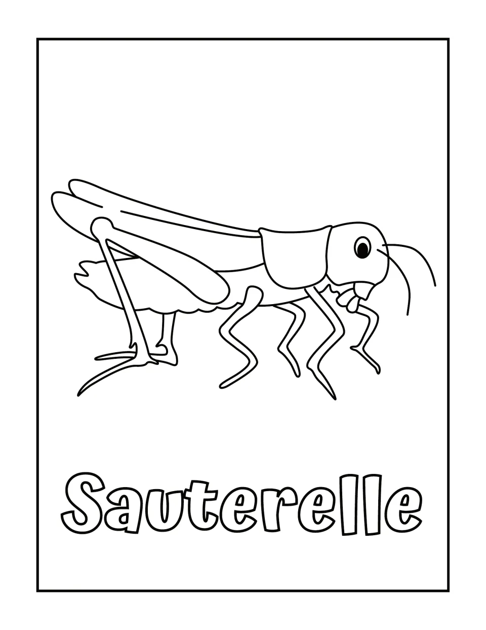 French word Sauterelle (grasshopper): students color a side-view grasshopper with long legs and antennae, word below