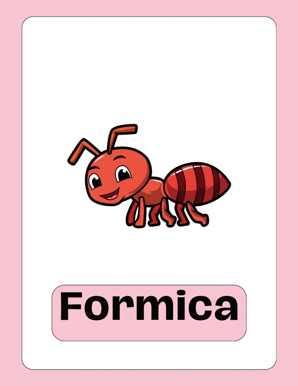 Italian vocabulary flashcard 1: 'Formica' (ant), illustrated with a red ant to show the word's meaning