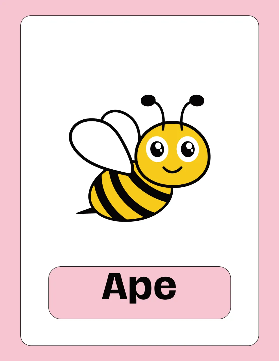 Italian vocabulary flashcard 2: 'Ape' (bee), illustrated with a yellow and black bee with white wings