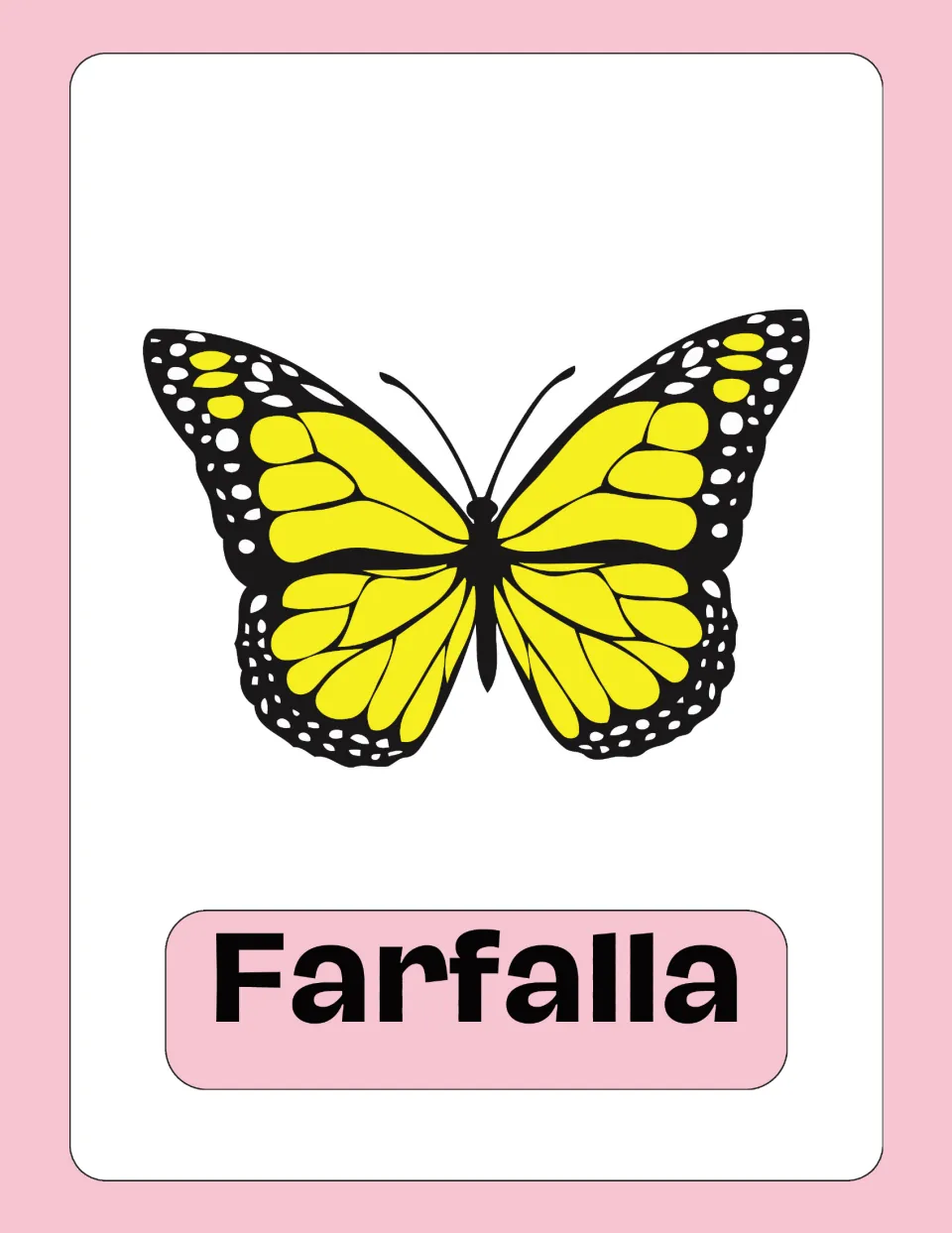 Italian vocabulary flashcard 3: 'Farfalla' (butterfly), illustrated with a yellow and black butterfly