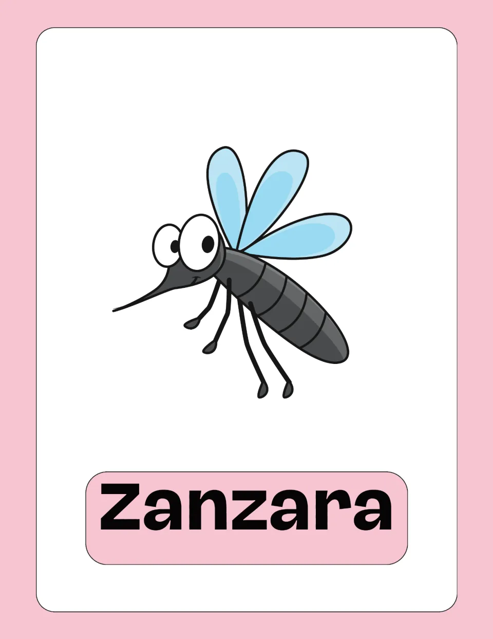 Italian vocabulary flashcard 5: 'Zanzara' (mosquito), illustrated with a gray mosquito with blue wings
