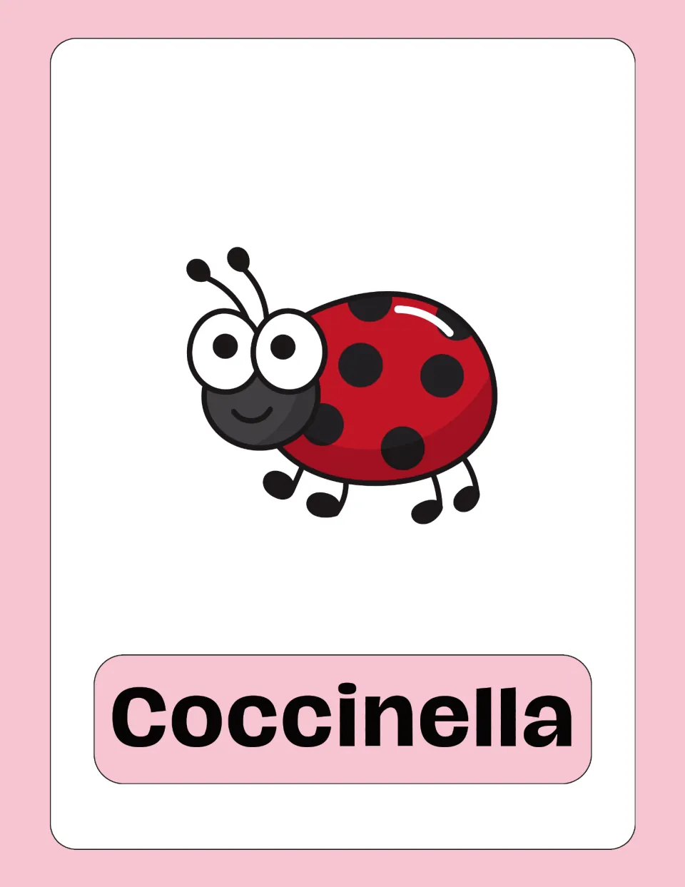 Italian vocabulary flashcard 7: 'Coccinella' (ladybug), illustrated with a red ladybug with black spots