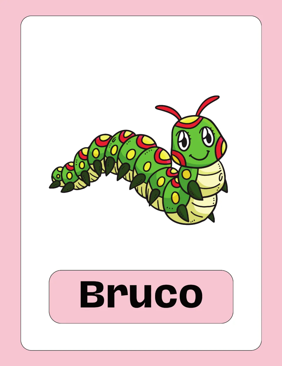 Italian vocabulary flashcard 8: 'Bruco' (caterpillar), illustrated with a green caterpillar with yellow spots