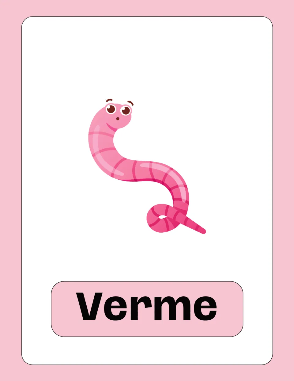 Italian vocabulary flashcard 9: 'Verme' (worm), illustrated with a curved pink worm to show the word's meaning