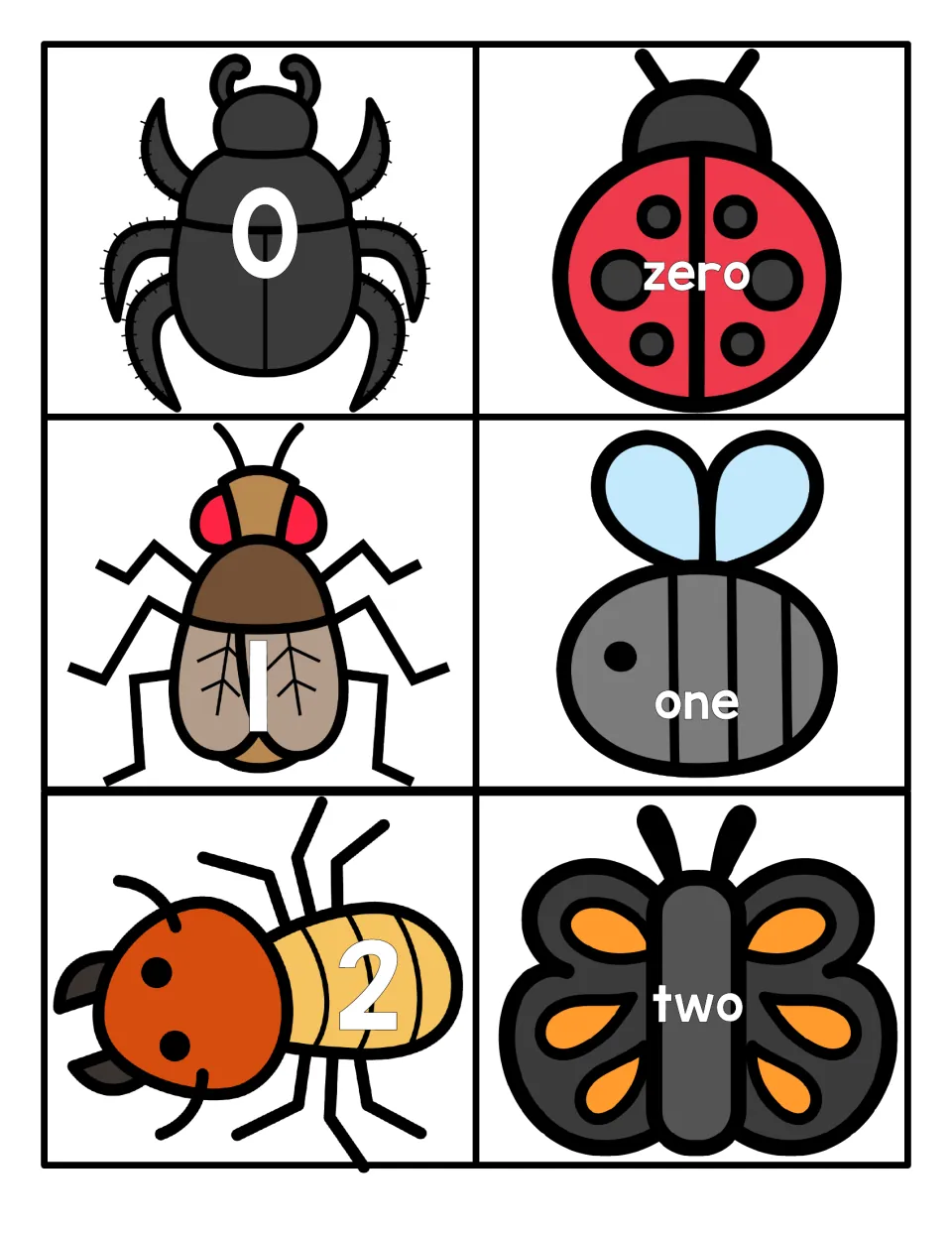 Numbers 0 to 2: cards with numerals on a beetle, fly and ant to match with the words zero, one and two on other insects