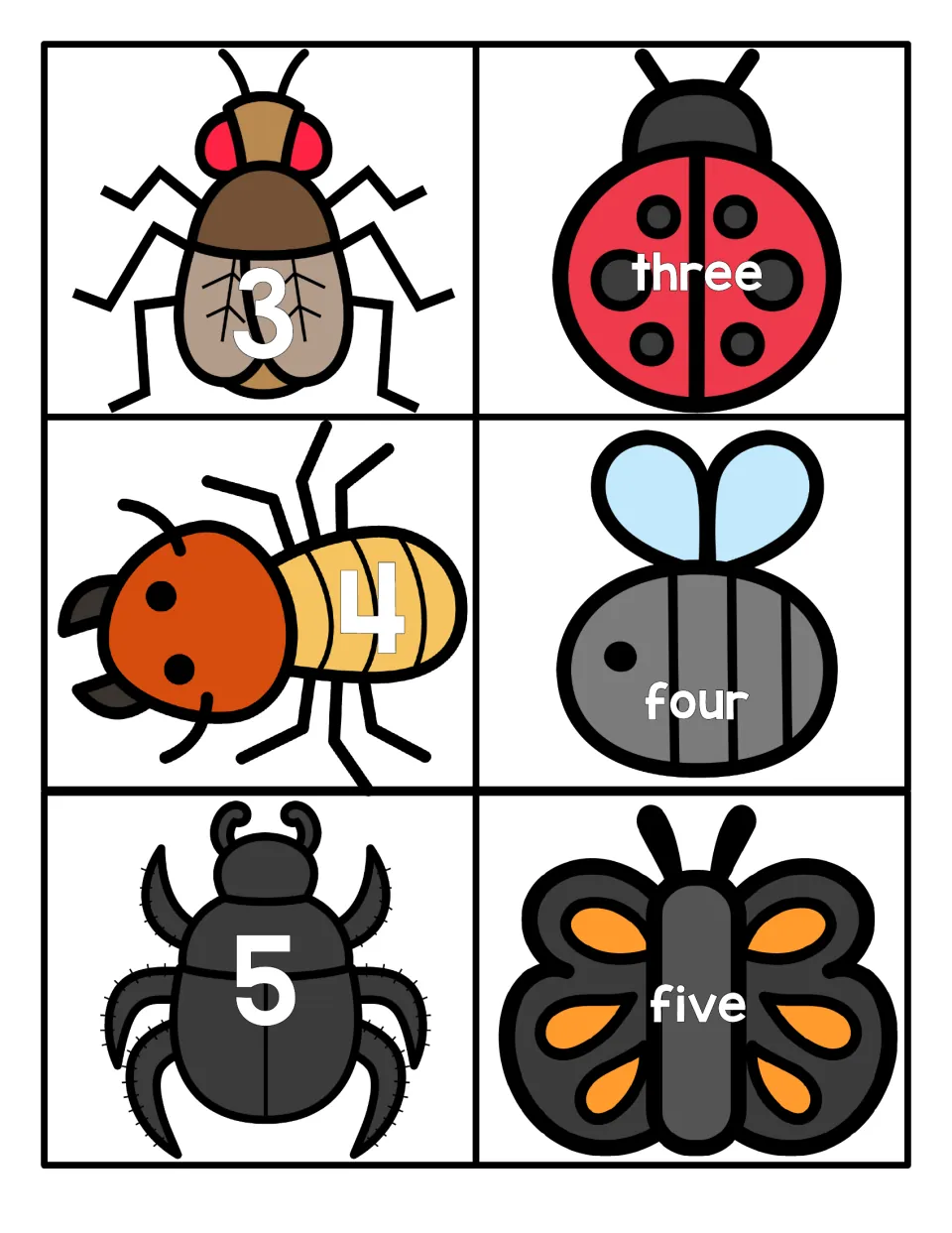 Numbers 3 to 5: numerals on a fly, ant and beetle match ladybug, bee and butterfly cards reading three, four and five