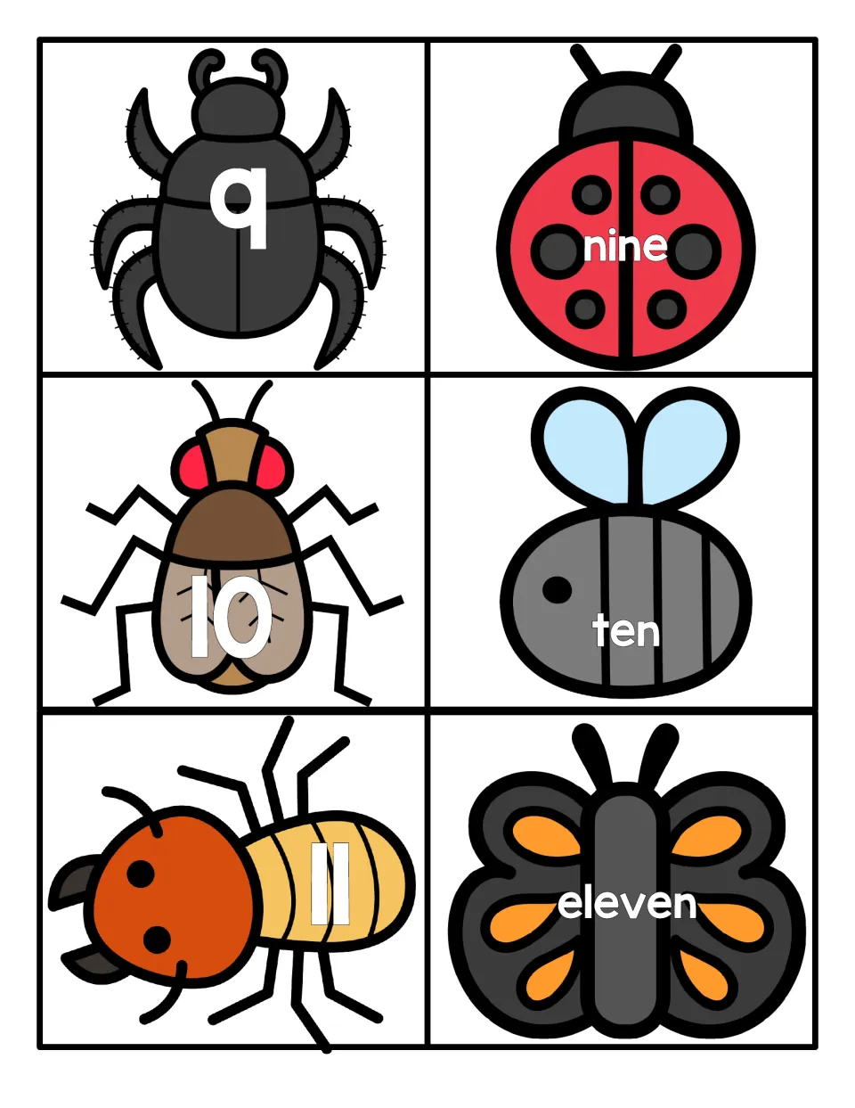 Numbers 9 to 11: beetle, fly and ant numeral cards to match with nine, ten and eleven on a ladybug, bee and butterfly