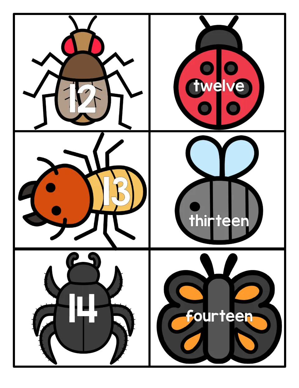 Numbers 12 to 14: fly, ant and beetle numeral cards with matching insect word cards for twelve, thirteen and fourteen