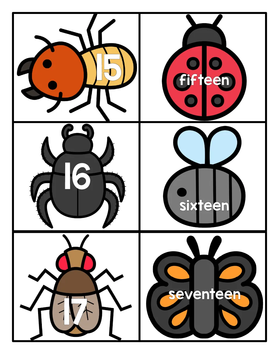 Numbers 15 to 17: numeral cards on an ant, beetle and fly paired with the number words fifteen, sixteen and seventeen