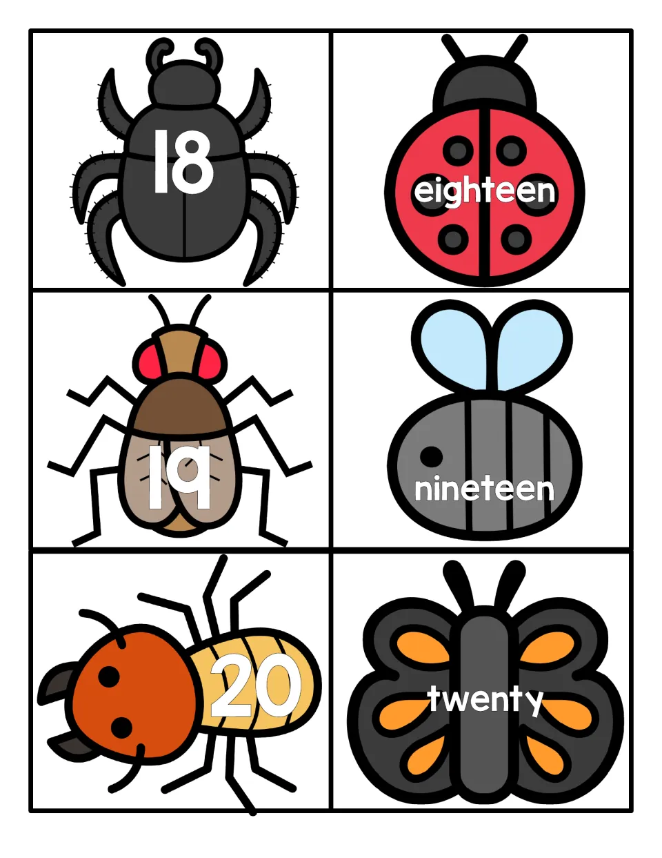 Numbers 18 to 20: beetle, fly and ant numeral cards to match with eighteen, nineteen and twenty on insect word cards