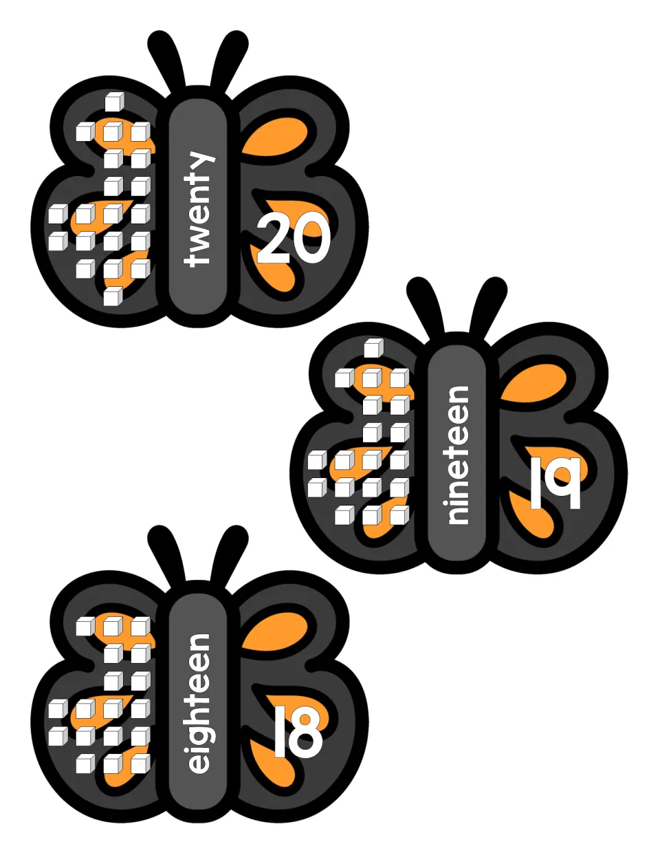 Butterfly number puzzles for 18, 19 and 20: each shows the numeral, the number word and a matching set of counting cubes