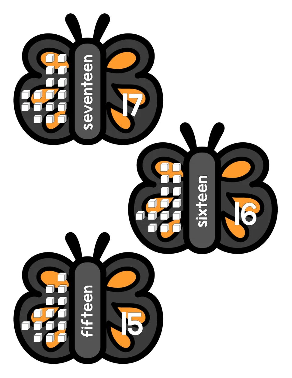 Butterflies for 15, 16 and 17: students match each numeral to its number word and the cubes drawn on the wing to count