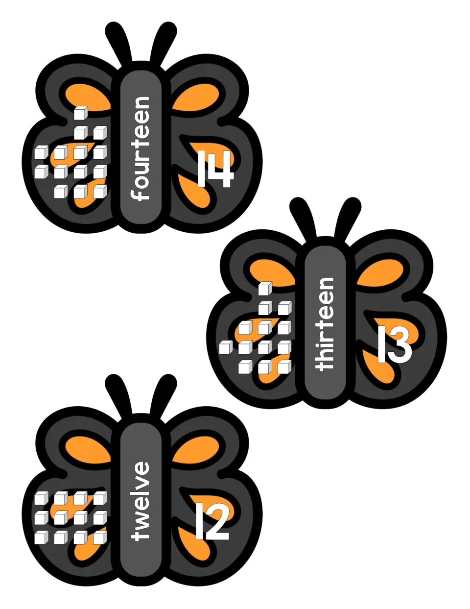 Numbers 12, 13 and 14 on butterflies: each pairs a numeral with its spelled-out word and a set of cubes to count and match