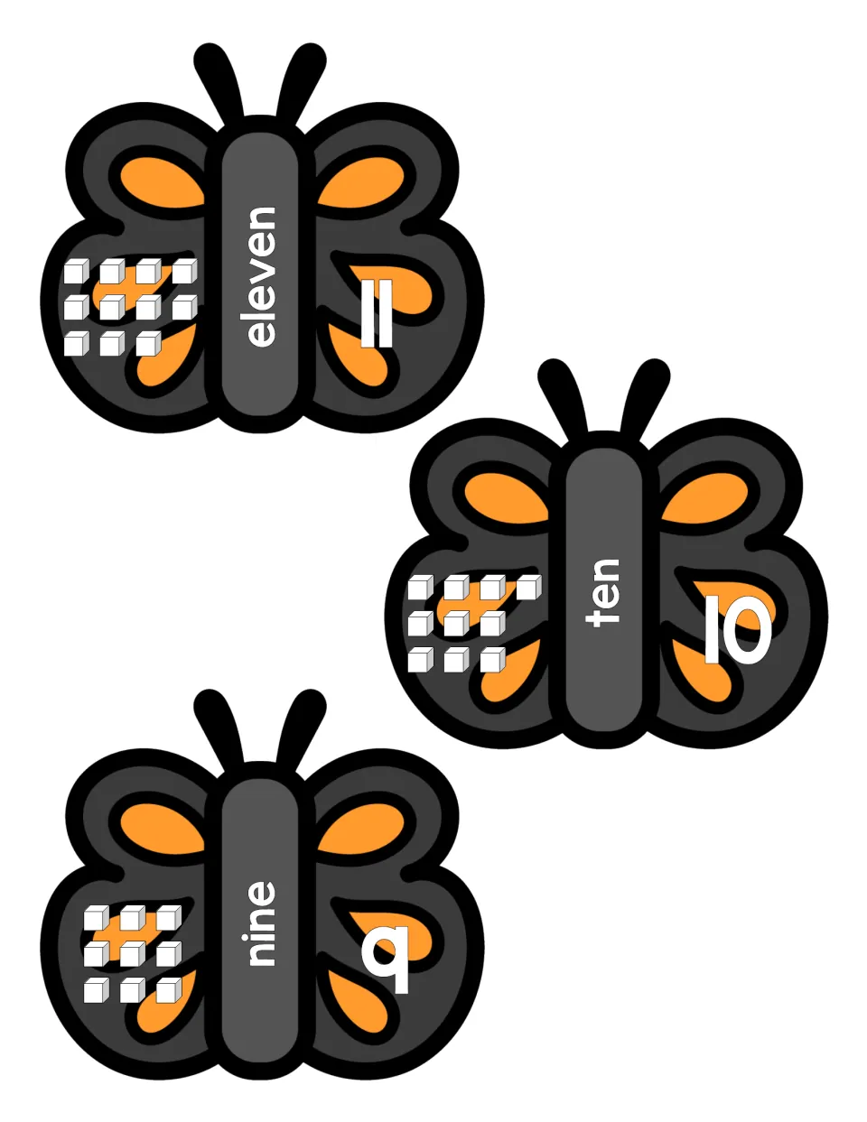 Butterfly puzzles for 9, 10 and 11: number words nine, ten and eleven with numerals and cube sets for one-to-one counting